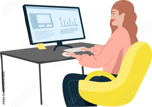 사무실, 여성, 컴퓨터, 노란색, 편안한, 사무실에서 일하는 여성, pc, 기업, 노트북, 데스크, 업무, 기업인, 국민, 벡터, 의자, 앉아있는, 가상 공간, 사람, 타이핑, 근로자, working, 프로그래머, 학생, 일, 기술