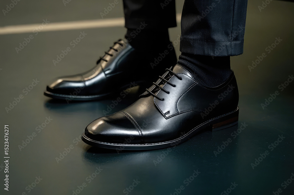 Close-up of elegant black leather oxford shoes worn with dark dress pants. Polished finish and cap-toe design highlight formal men’s footwear style and sophistication. Close-up of elegant black leather oxford shoes worn with dark dress pants. Polished finish and cap-toe design highlight formal men’s footwear style and sophistication.