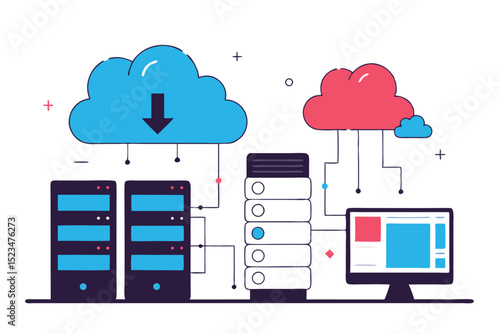Cloud Data Storage Illustration Servers, Computer Screen, Connected Network, Data Transfer and Red Cloud
