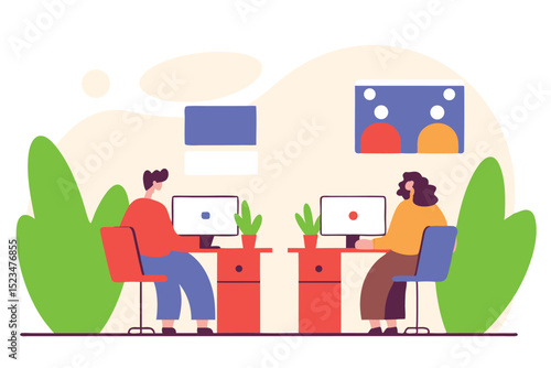 Illustration of Man and Woman Working on Computers, Video Conference, Desktop Plants, Desk Furniture