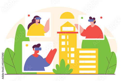 VR Meeting with Remote Team Viewing City Architecture and Landscape Flat Illustration