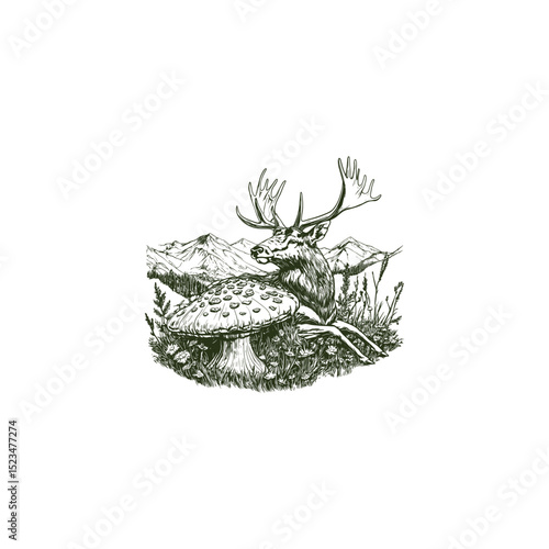 Elk lying on a mushroom engraving design vector template vintage