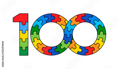 Creative puzzle number 100 lettering with an infinity symbol. Vector isolated on a white background.