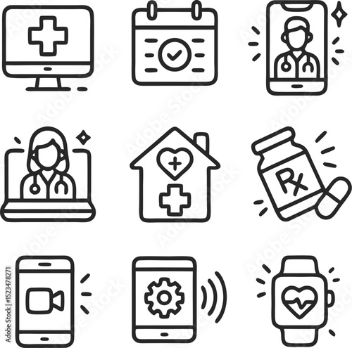 Digital healthcare telemedicine icons for telehealth services combined title digital healthcare icons represent the future of telemedicine services.
