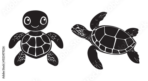 Adorable cartoon sea turtles black silhouettes set