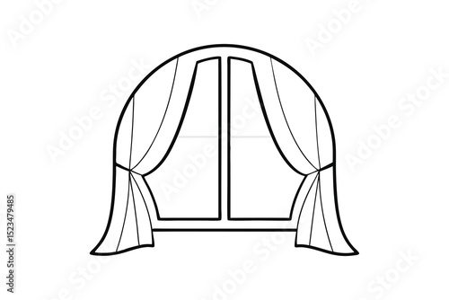 Line drawing of a window with draped curtains
