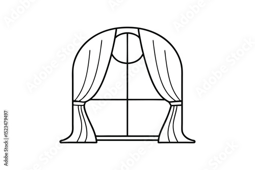 Elegant line drawing of arch window with curtains