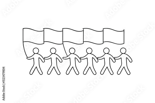 Line drawing of people marching with flags unity protest demonstration