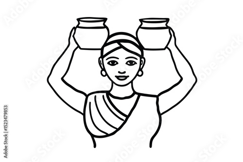 Woman carrying water pots line drawing illustration