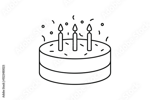 Festive birthday cake line drawing with candles and confetti