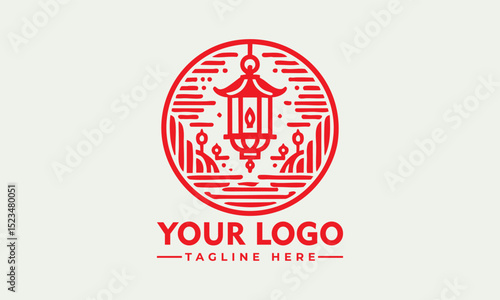 Traditional red Chinese lantern enclosed in circular floral frame with ornamental swirls for festive celebration. Culture concept
