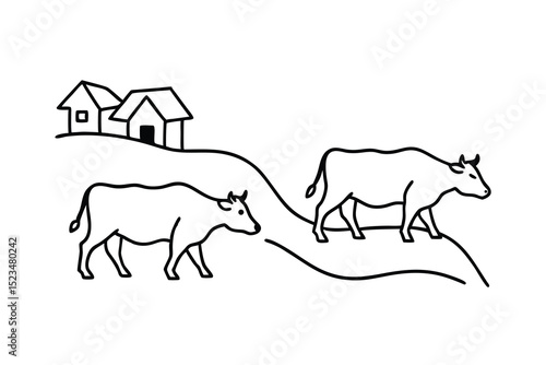 Two cows grazing in pasture line drawing farm houses
