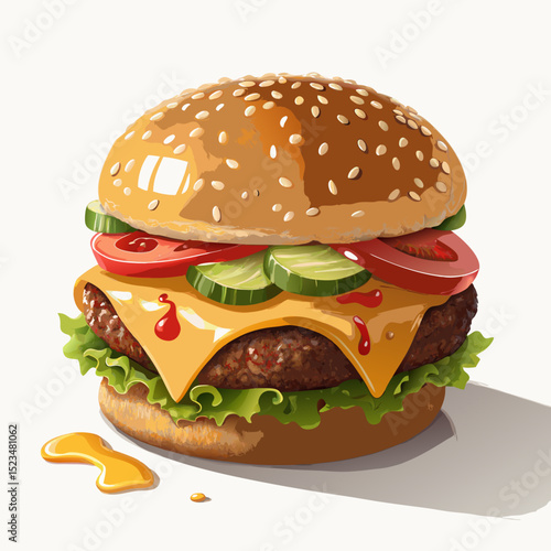 3D Cartoon Cheeseburger with Lettuce and Tomato on White Background