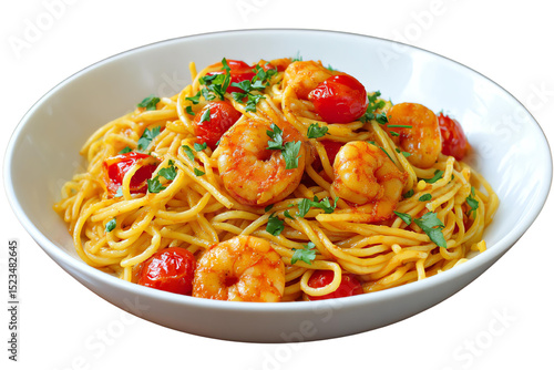 Delicious shrimp pasta with fresh tomatoes. Isolated trasparent Png.