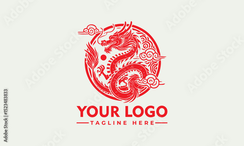 Red Chinese dragon surrounded by cloud motifs and ornate circular frame in traditional mythical illustration. Culture concept
