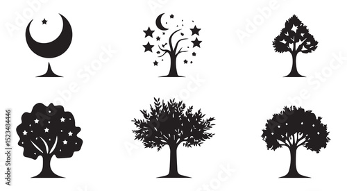 Celestial trees night sky moon stars silhouettes