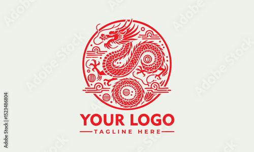 Red Chinese dragon surrounded by cloud motifs and ornate circular frame in traditional mythical illustration. Culture concept
