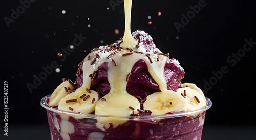 Layers of flavor: açaí cup with peanut butter and banana, focused on contrast and crunchy details