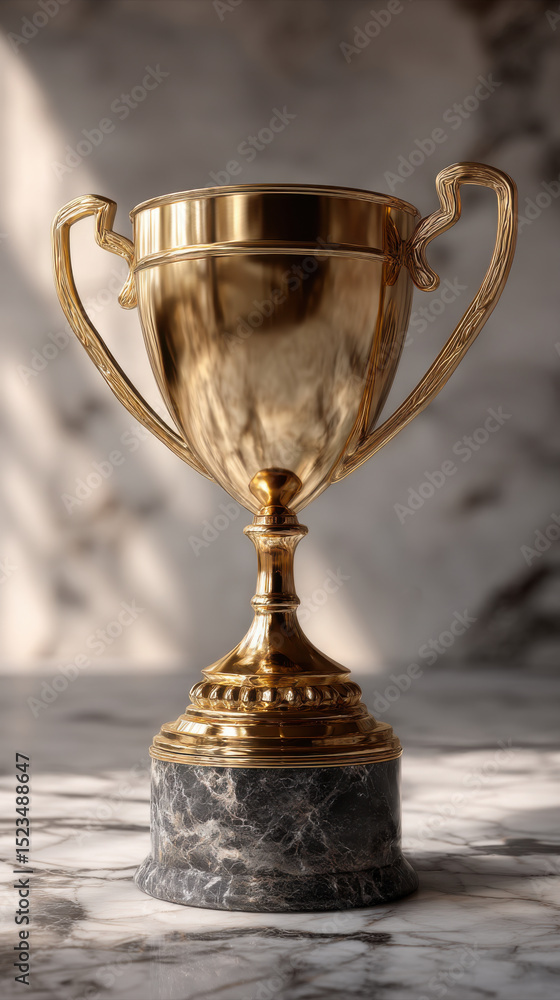 Golden trophy cup with marble base on marble surface, shining bright and elegant in soft light Golden trophy cup with marble base on marble surface, shining bright and elegant in soft light
