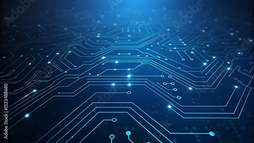 Futuristic digital circuit board with glowing blue lines and connections representing advanced technology and data flow
