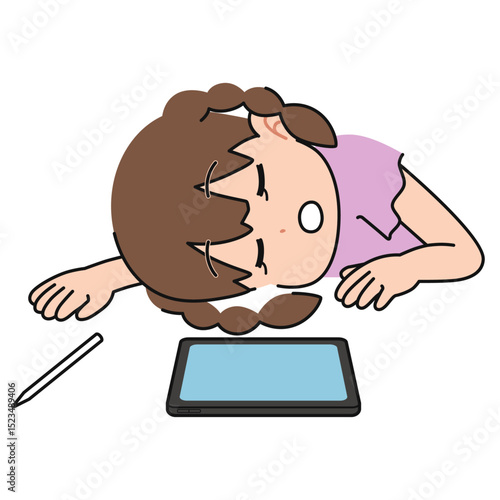 勉強しながら居眠りする女の子　タブレット端末