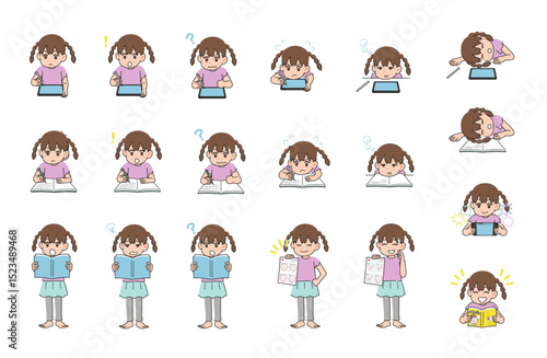 勉強する女の子　上半身　セット