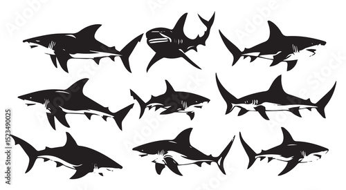 Collection of shark silhouettes ocean predators marine life