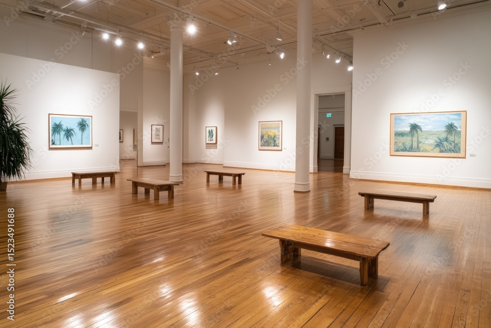 Fototapeta premium Art gallery interior with paintings and wooden benches for art appreciation
