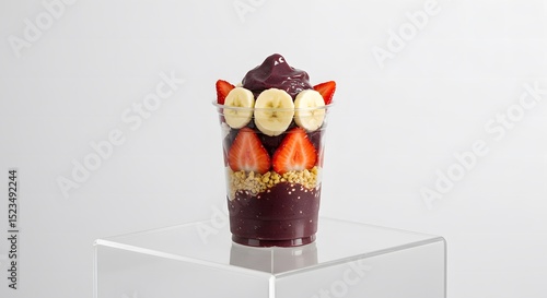 Açaí in an acrylic cup in a minimalist image with white background, ideal for advertising fitness and healthy products