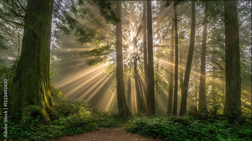 Naklejka premium Forest bathed in ethereal golden light