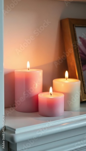 Wallpaper Mural Scented candles burn, soft glow on white shelf , wood, background Torontodigital.ca