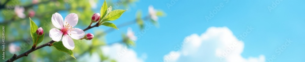 Single cherry blossom branch, lush green foliage, cloudless blue sky backdrop , pretty, blue sky, bright Single cherry blossom branch, lush green foliage, cloudless blue sky backdrop , pretty, blue sky, bright