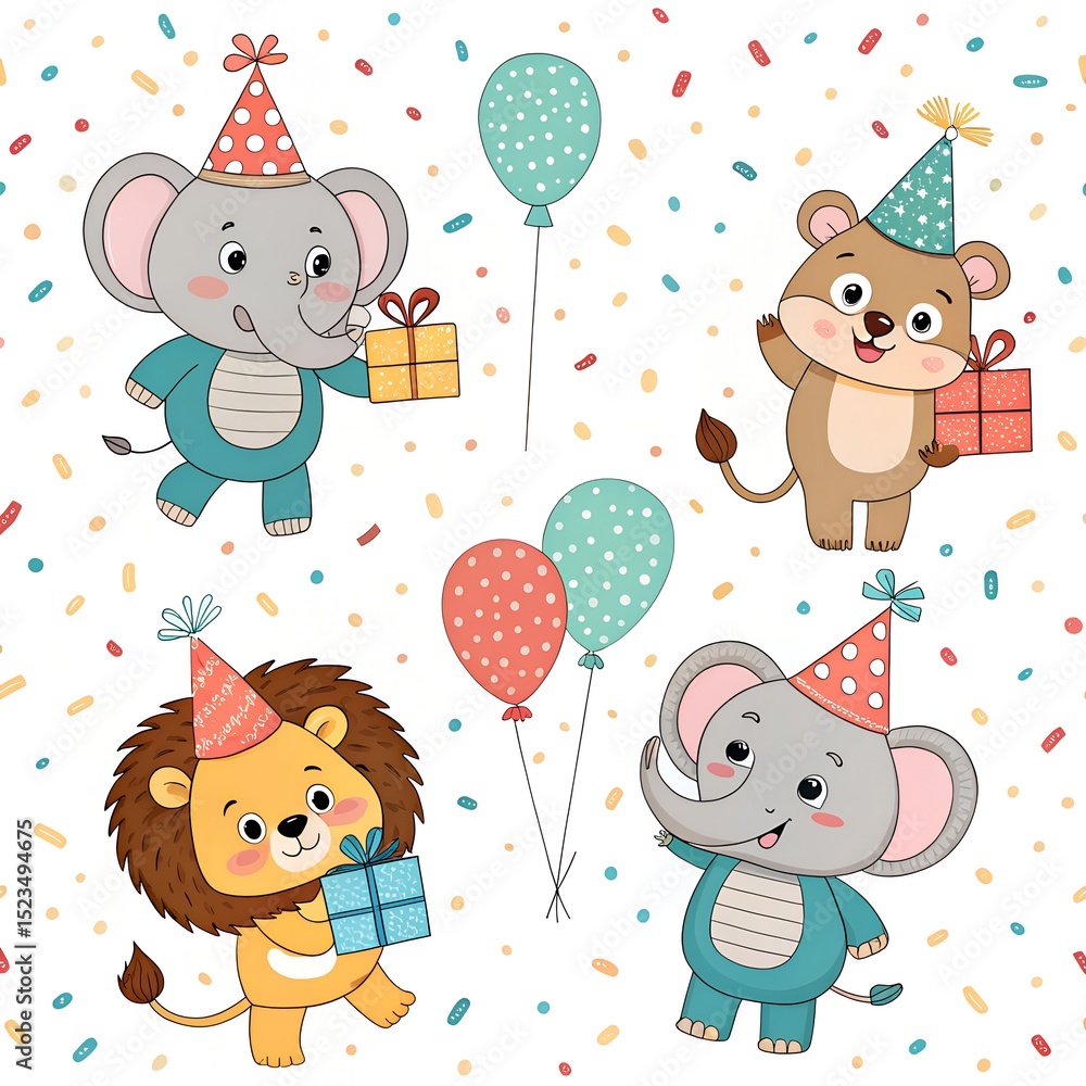 Naklejka premium Seamless vector pattern of cartoon animals in party hats, holding gifts and balloons, on confetti background 