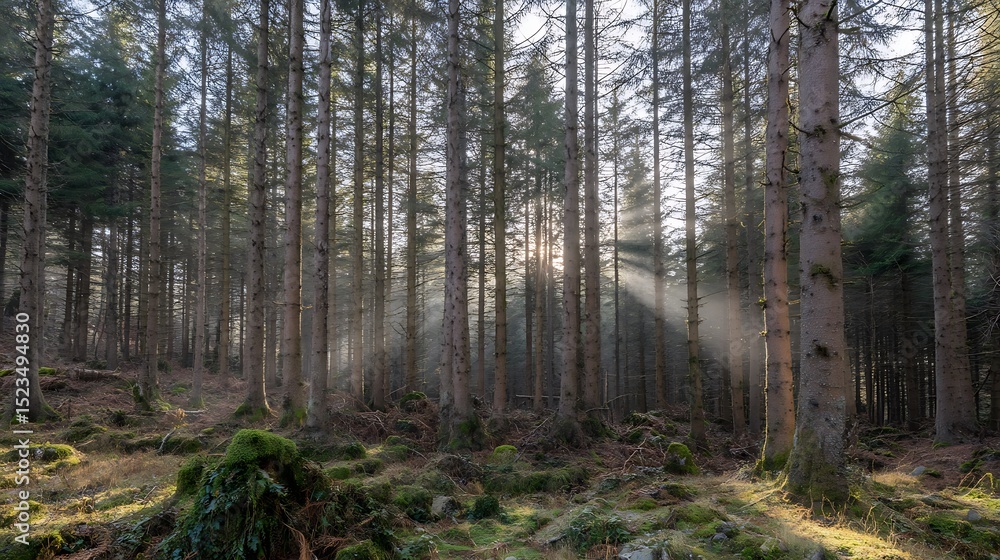 Fototapeta premium Sunlight filtering through evergreen forest trees