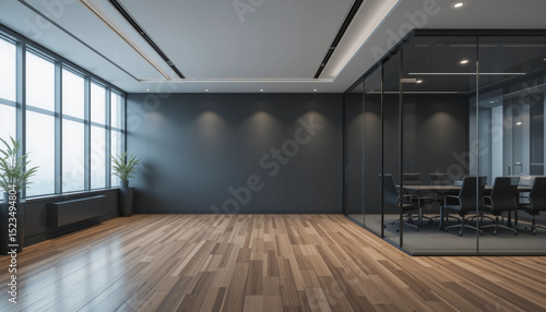 Modern black wall mockup in office with wooden floor and meeting room visible through glass wall on right side under ceiling lights at night