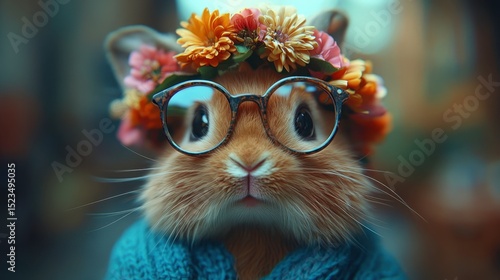 Cute Rabbit with Glasses and Floral Crown in a Colorful Setting