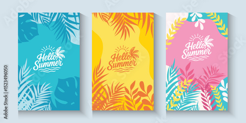Summer greeting clipart banner poster set. spring tropical leaves with orange,strawberry, avocado, collection summer or spring poster in colorful abstract background	
