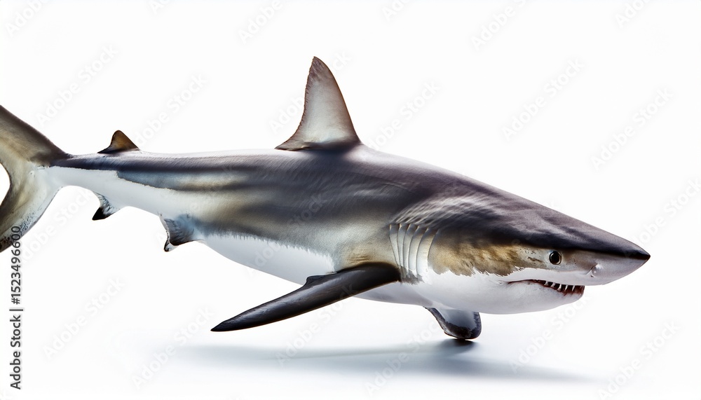 Obraz premium Powerful Oceanic Shark, Isolated White Background, Marine Predator, Aquatic Wildlife, Grey Body, Oce