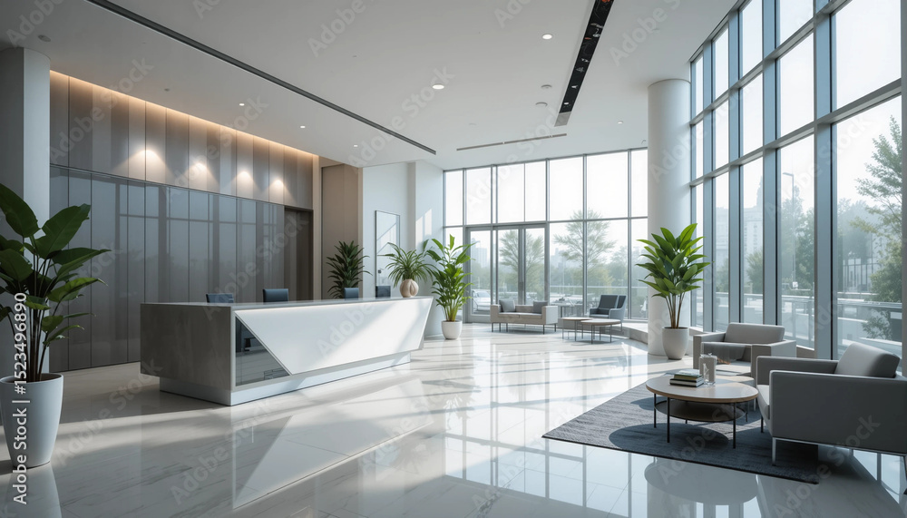 Fototapeta premium Modern office interior with large blank white wall and wooden floor, ideal for business presentation mockup or logo display concept templates
