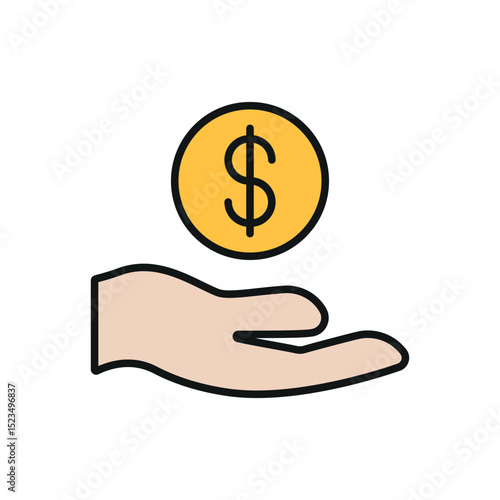 Flat icon of hand giving coin and dollar, perfect for charity, donation, NGO, and giving-related visuals.