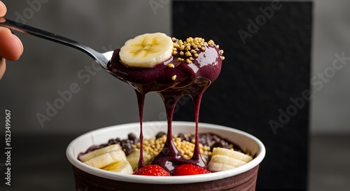 Spoonful of açaí being lifted with dripping syrup and visible toppings; dark background and side lighting enhance the details