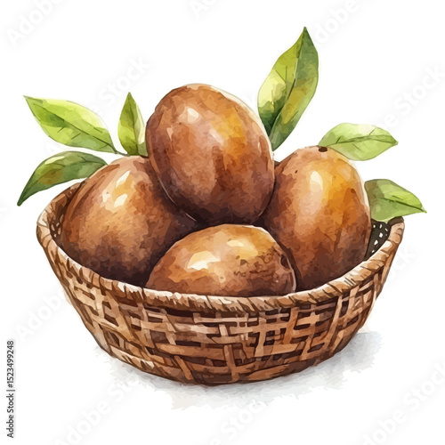 watercolor vector of Sapodilla Fruit Basket, high quality, isolated on a white background.
