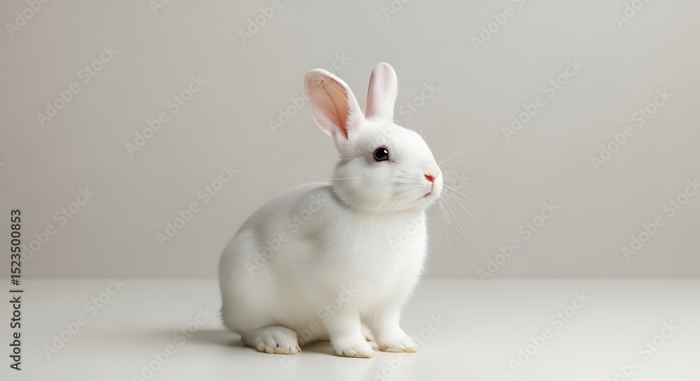 Fototapeta premium A white rabbit sitting on a white surface against a plain background wall