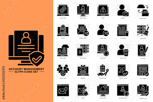 Account management glyph icons set. contain admin panel, data import, data reset, personal data and more. use for modern concept, print, UI, UX kit, web and app development. Vector EPS 10