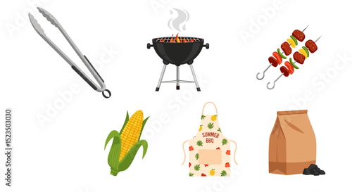 Illustration of barbecue grill with skewers, corn, apron, tongs, and charcoal bag for summer cookout