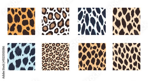Collection of eight rectangular animal print patterns with varying color schemes and spot arrangements