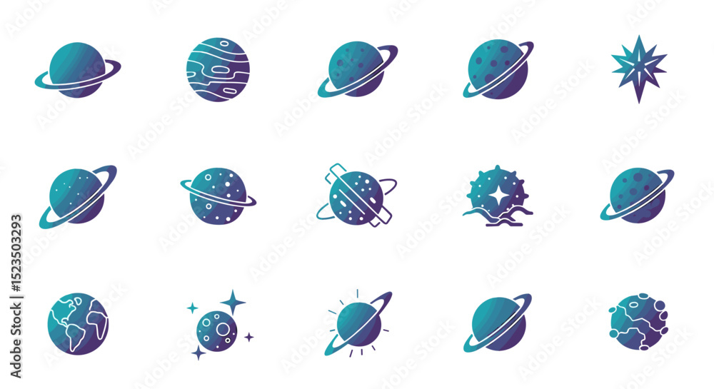 Obraz premium Collection of stylized planets and celestial bodies with rings and star shapes in teal and purple hues