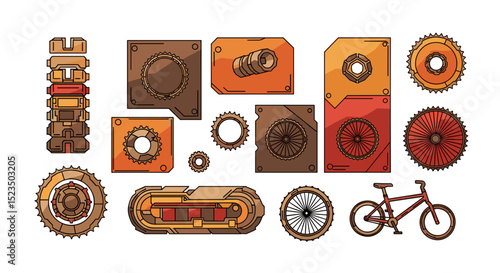 Illustration of assorted mechanical parts including gears and a bicycle in brown and orange tones