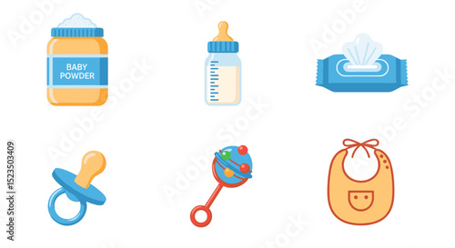 Illustration of baby essentials including bottle, powder, wipes, pacifier, rattle and bib items