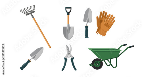 Illustration of various gardening tools including a rake shovel and wheelbarrow on a white background